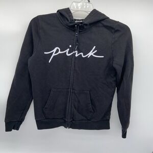 Victoria's Secret Pink Perfect Full Zip Hoodie Sweatshirt Black Jacket Logo‎